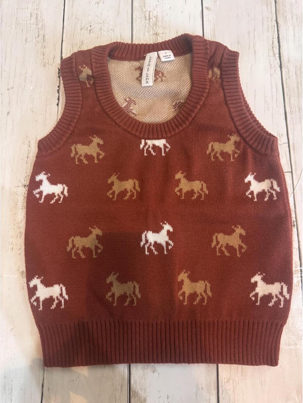 Janie and Jack Horse Sweater Vest Size 3 Rust Brown Knit Pullover